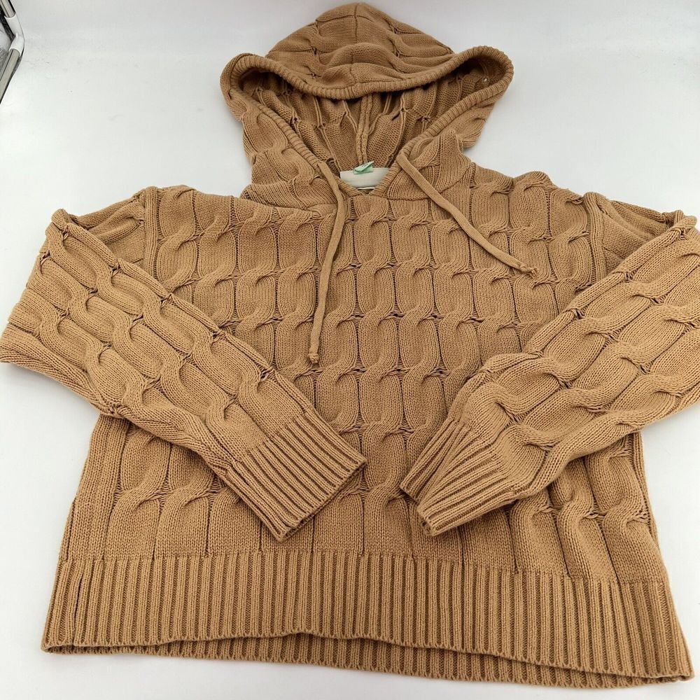 Anthropologie Saturday Sunday Ellyn Cable-Knit Hooded Sweater Size Small Tan